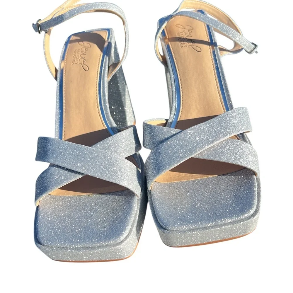 Jewel Badgley Mischka Pale Silver Glitter Platform Sandals without original box